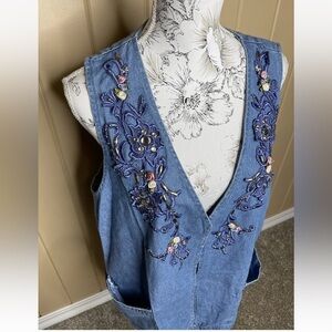 Bridge Sports Wear Women Shirt Blue Denim Top Open Vest Embellished Large